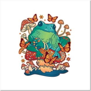 Frog sitting on a Mushroom with Butterflies Posters and Art